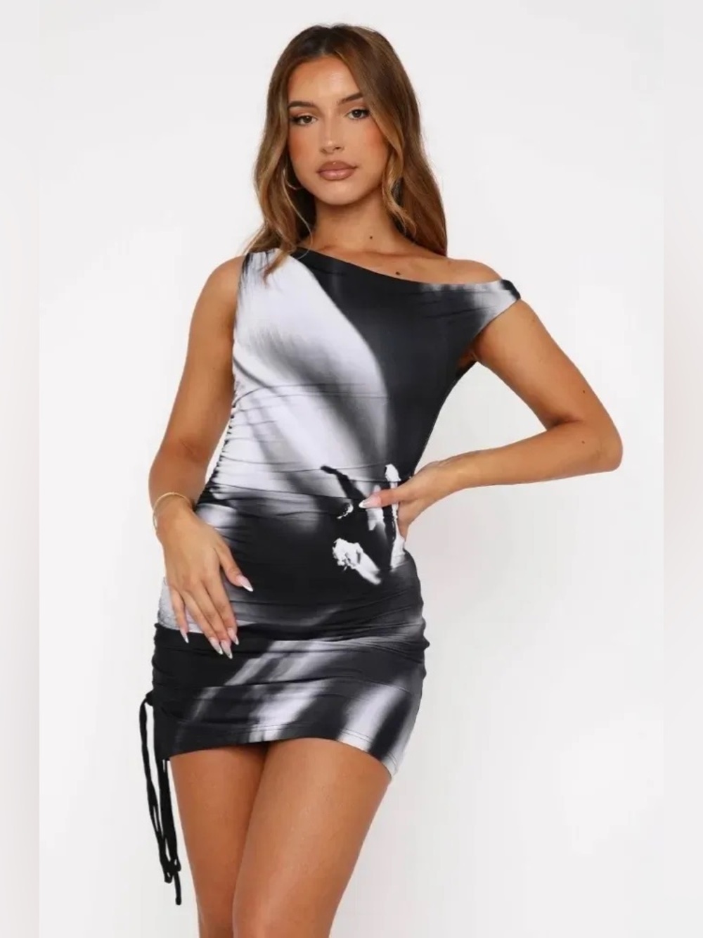 Ruched Abstract Oneshoulder Mini Dress